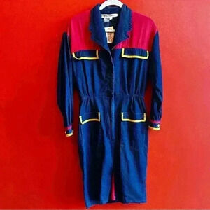 Vintage 80s Anne Crimmins color block nautical sailor silk blend dress size 10